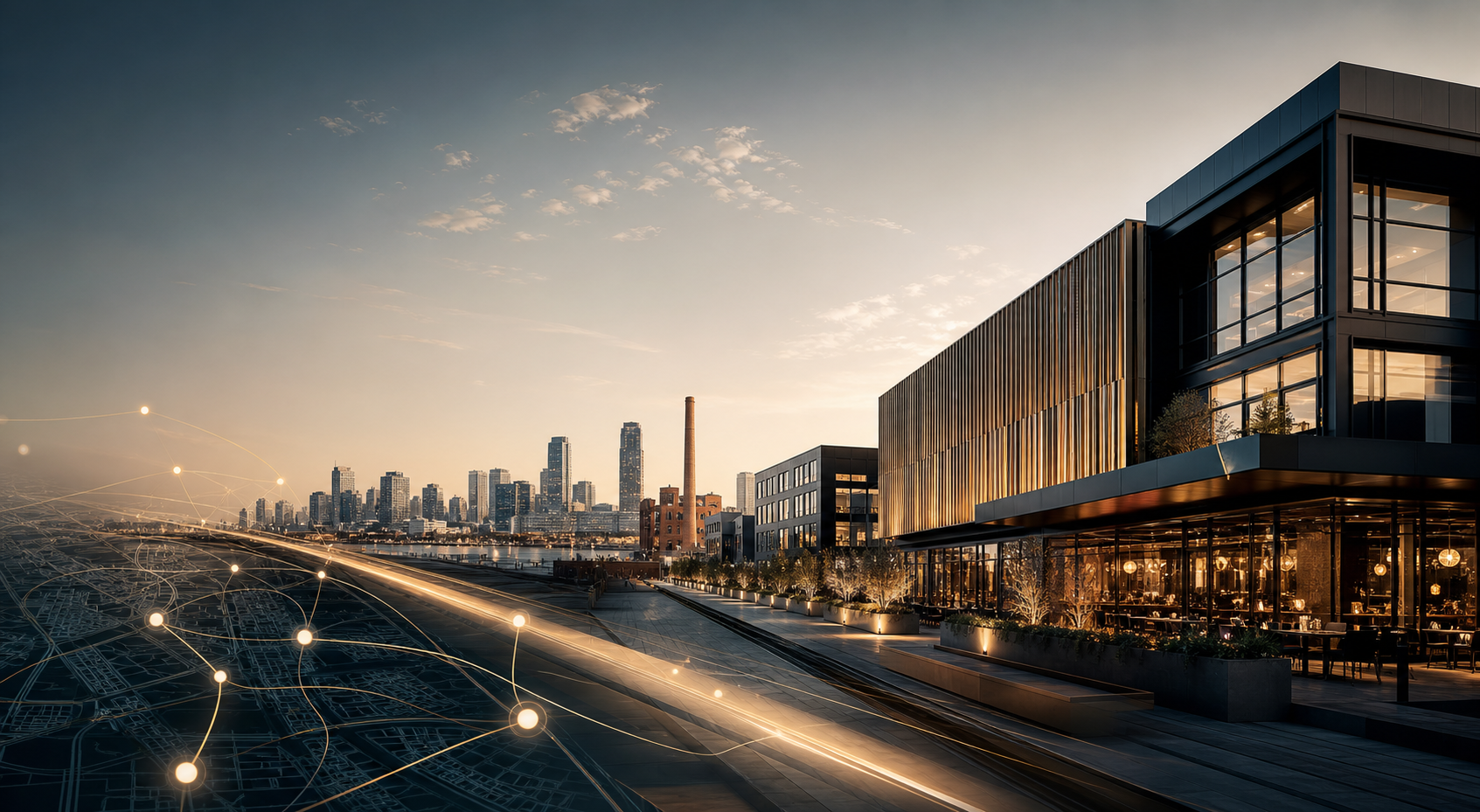 Original architectural development scene with city lights and abstract market-path overlays