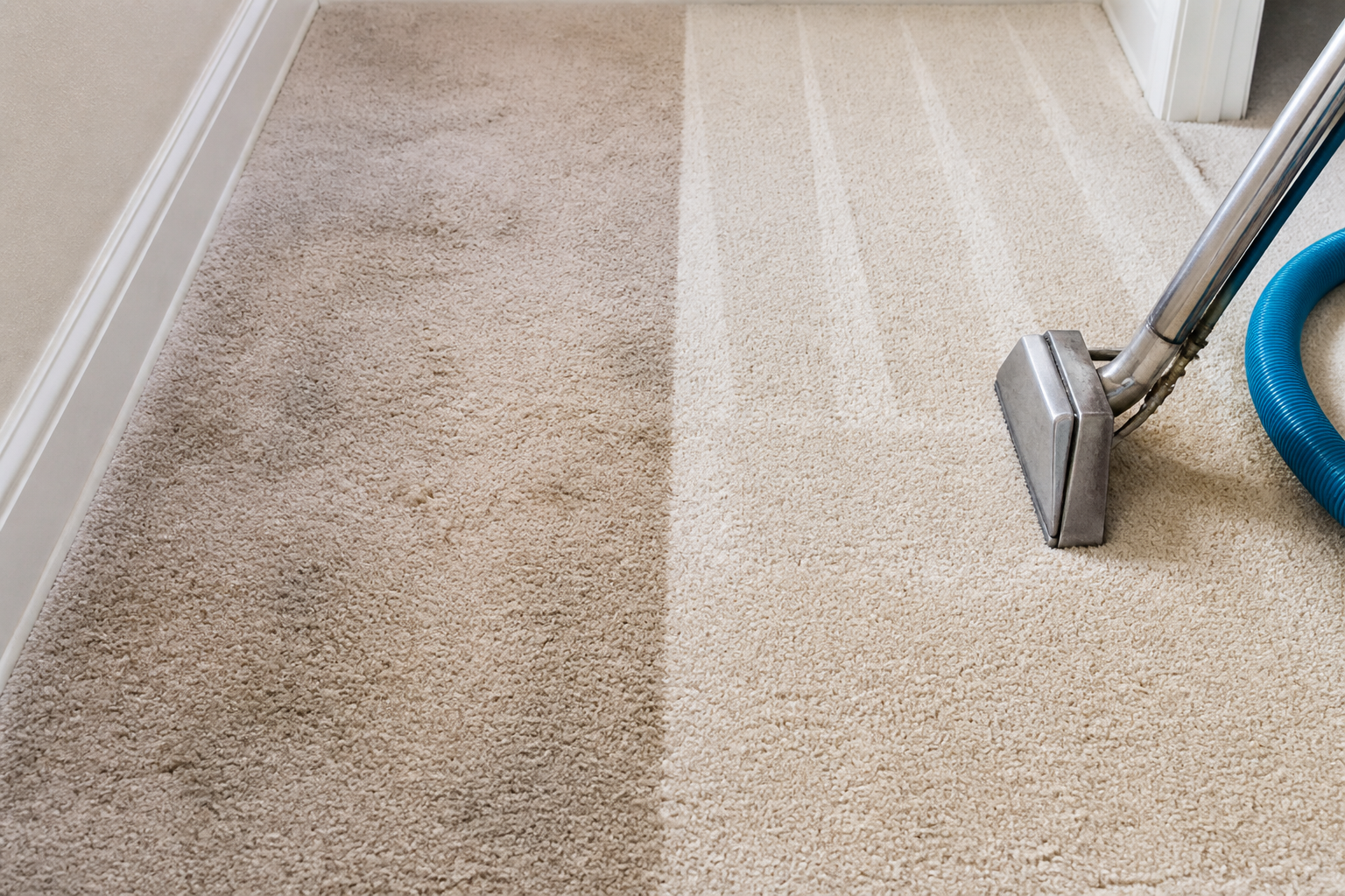 A carpet cleaning pass showing dull carpet beside freshly cleaned carpet fibers.
