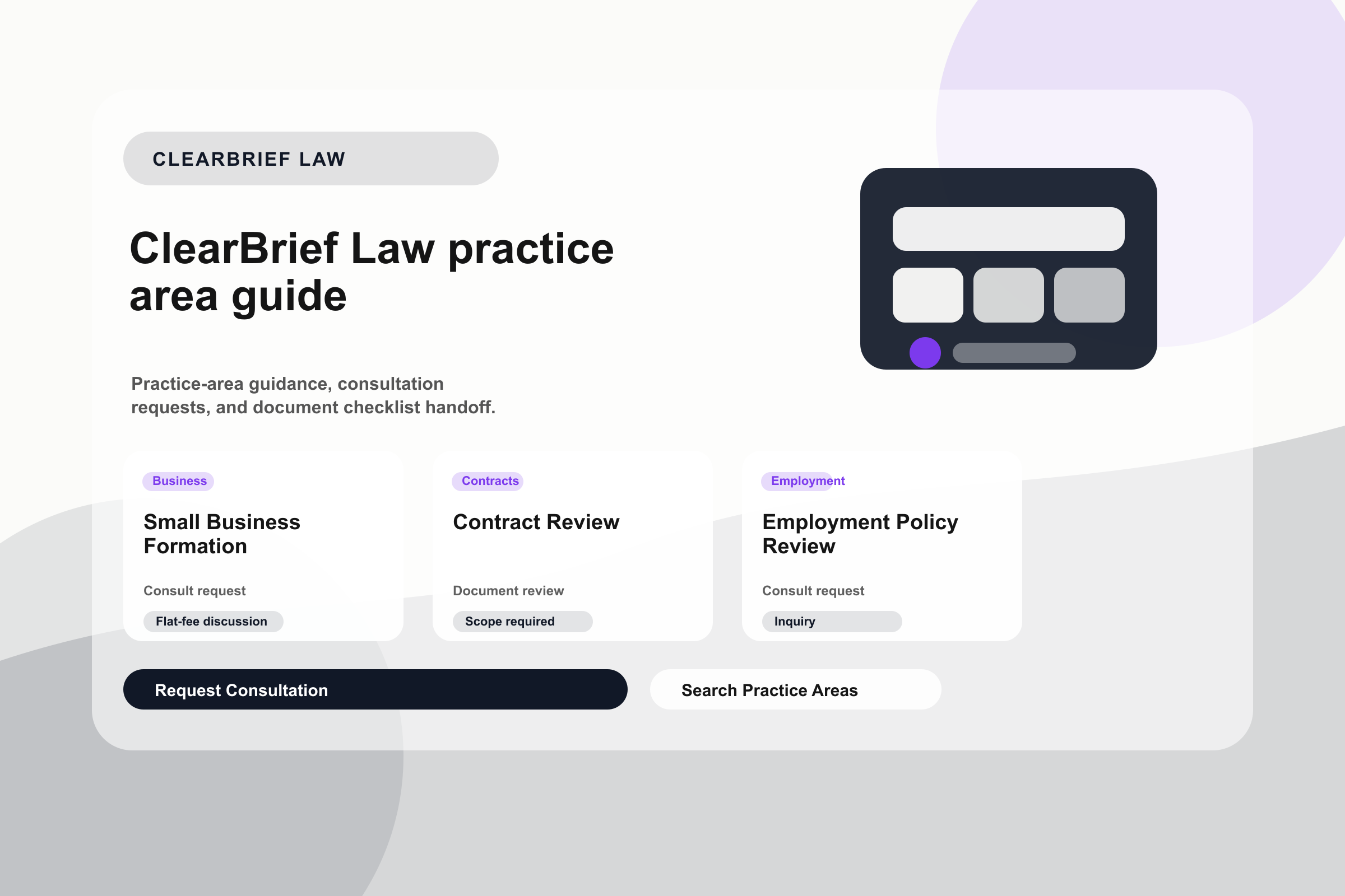 ClearBrief Law consultation table with practice area notes and document checklist.