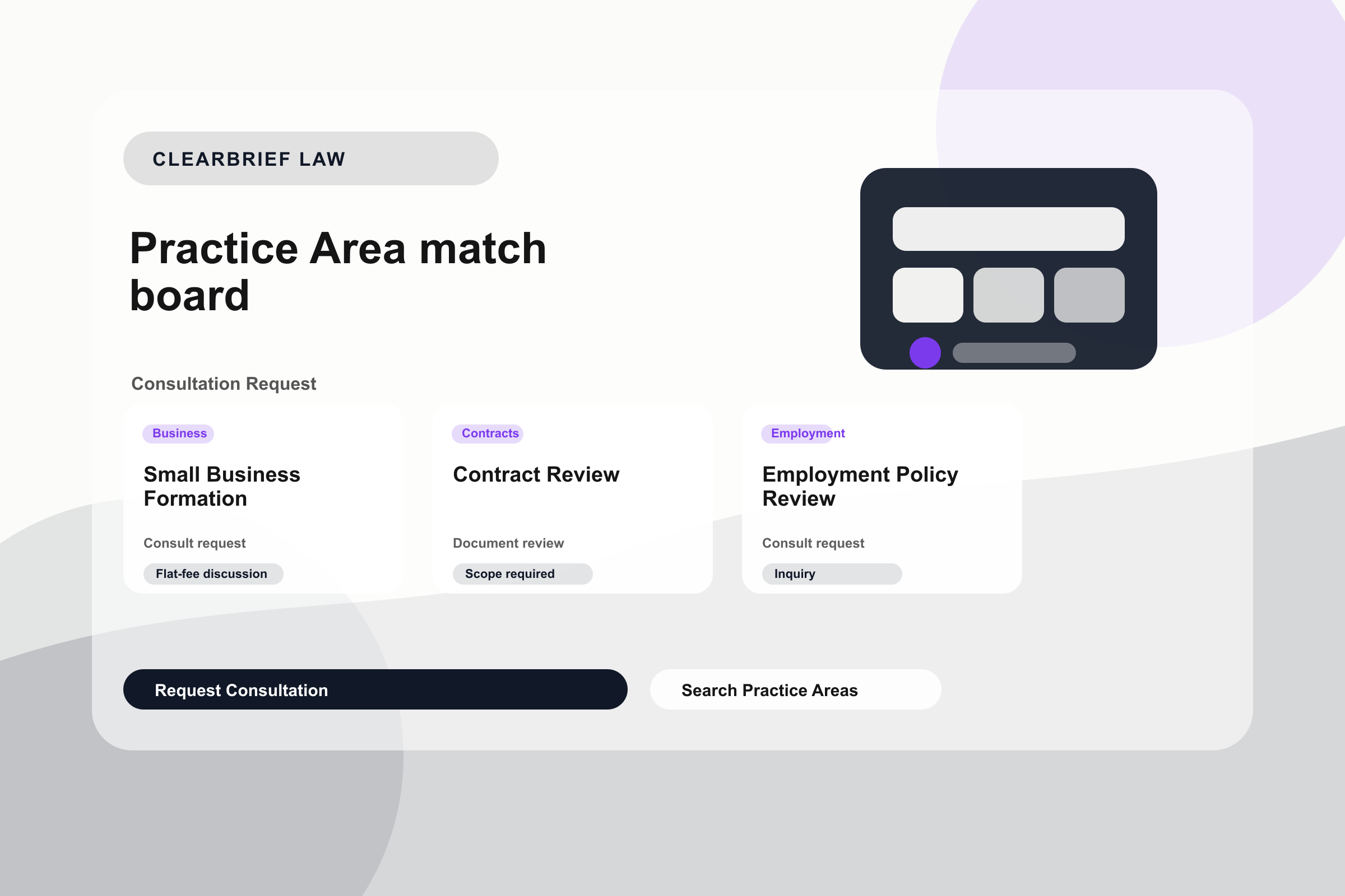ClearBrief Law intake board with attorney review and checklist cards.