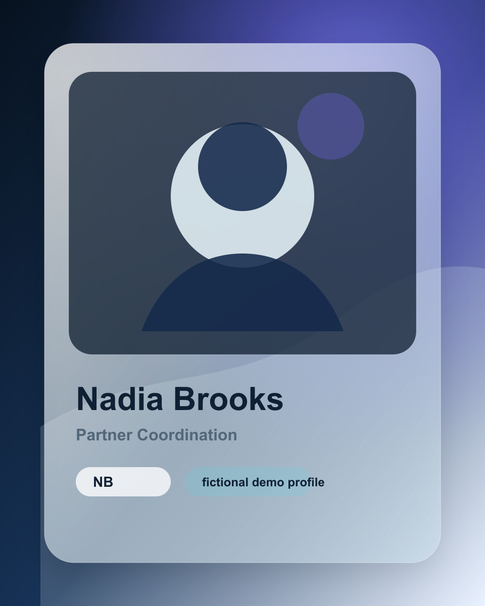 Fictional illustrated profile card for Nadia Brooks.