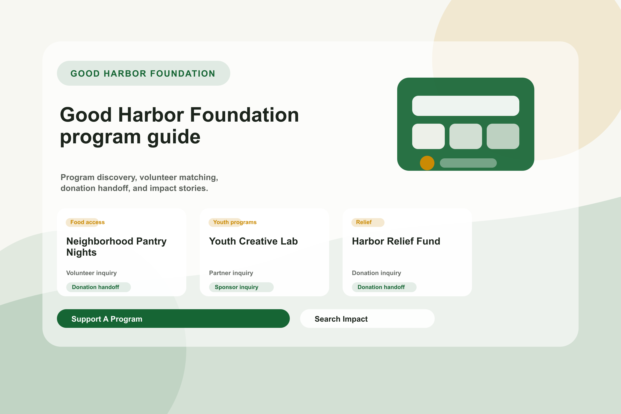Good Harbor Foundation community program board with volunteer and donation handoff notes.