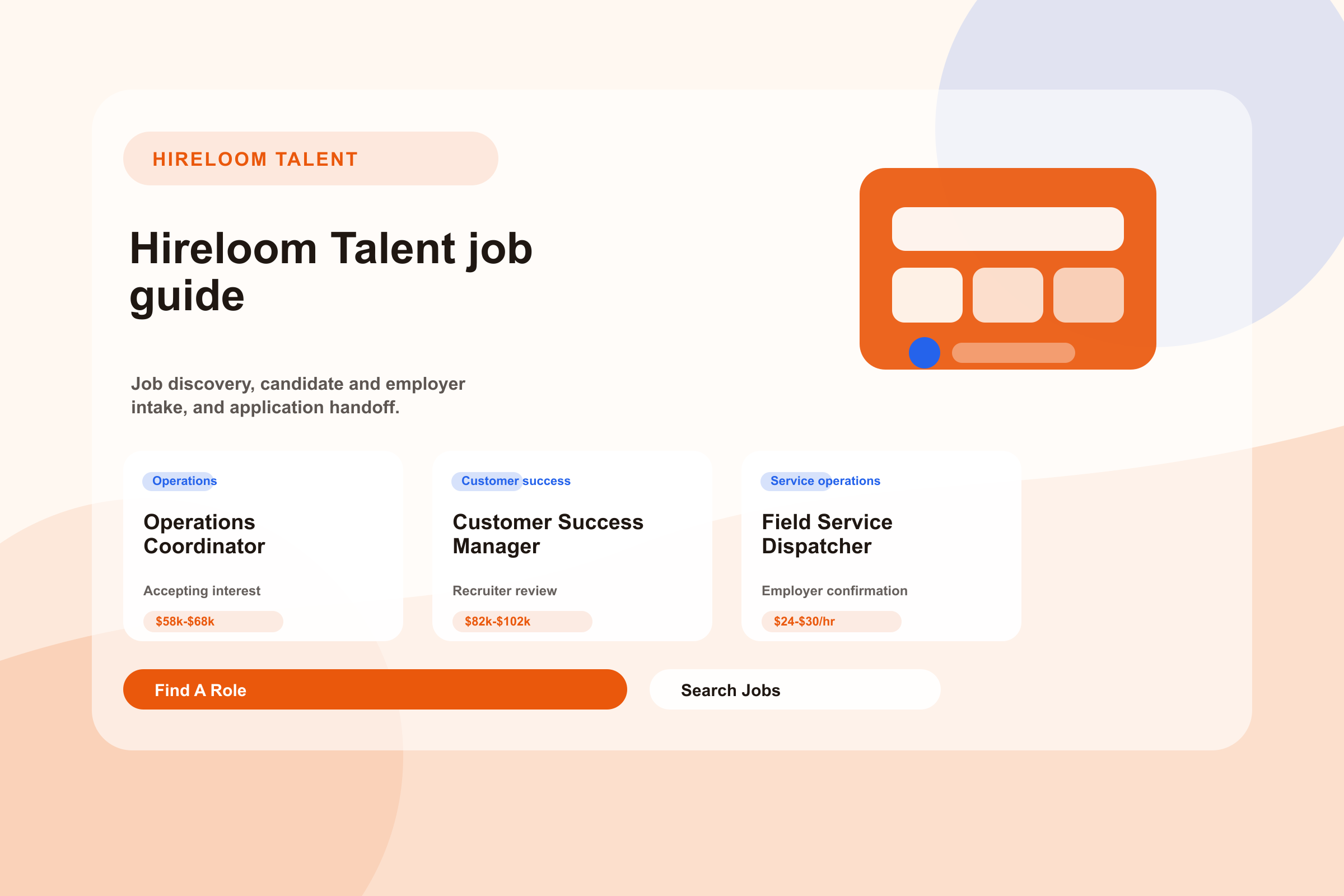 Hireloom Talent job board interface with candidate and employer intake paths.