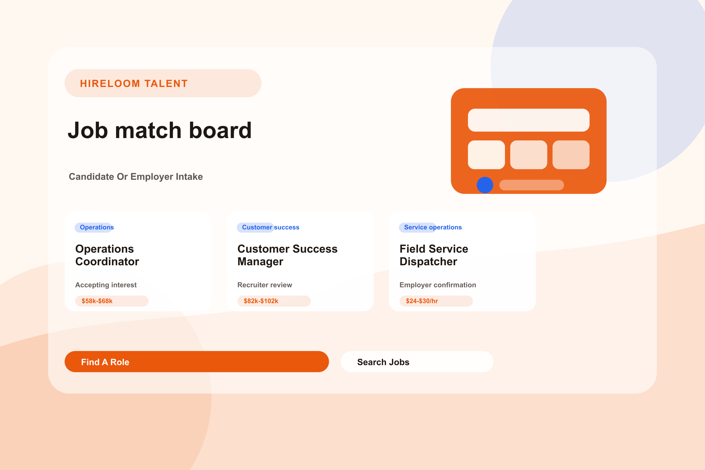 Hireloom Talent role matching workflow with salary and location metadata.