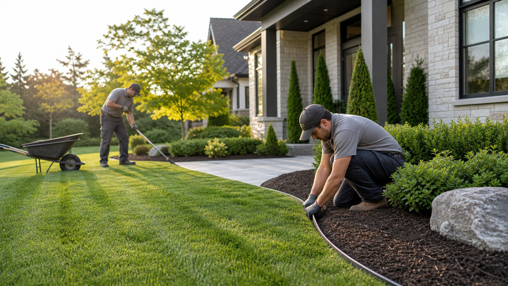 YardGrid landscaping crew maintaining a residential front yard with trimmed beds and lawn edging.