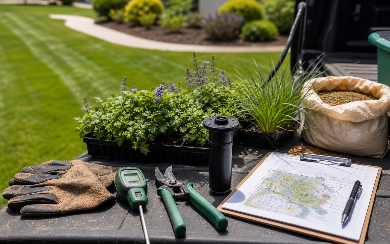 Landscaping route planning tools, plants, irrigation head, gloves, and yard notes on a truck tailgate.