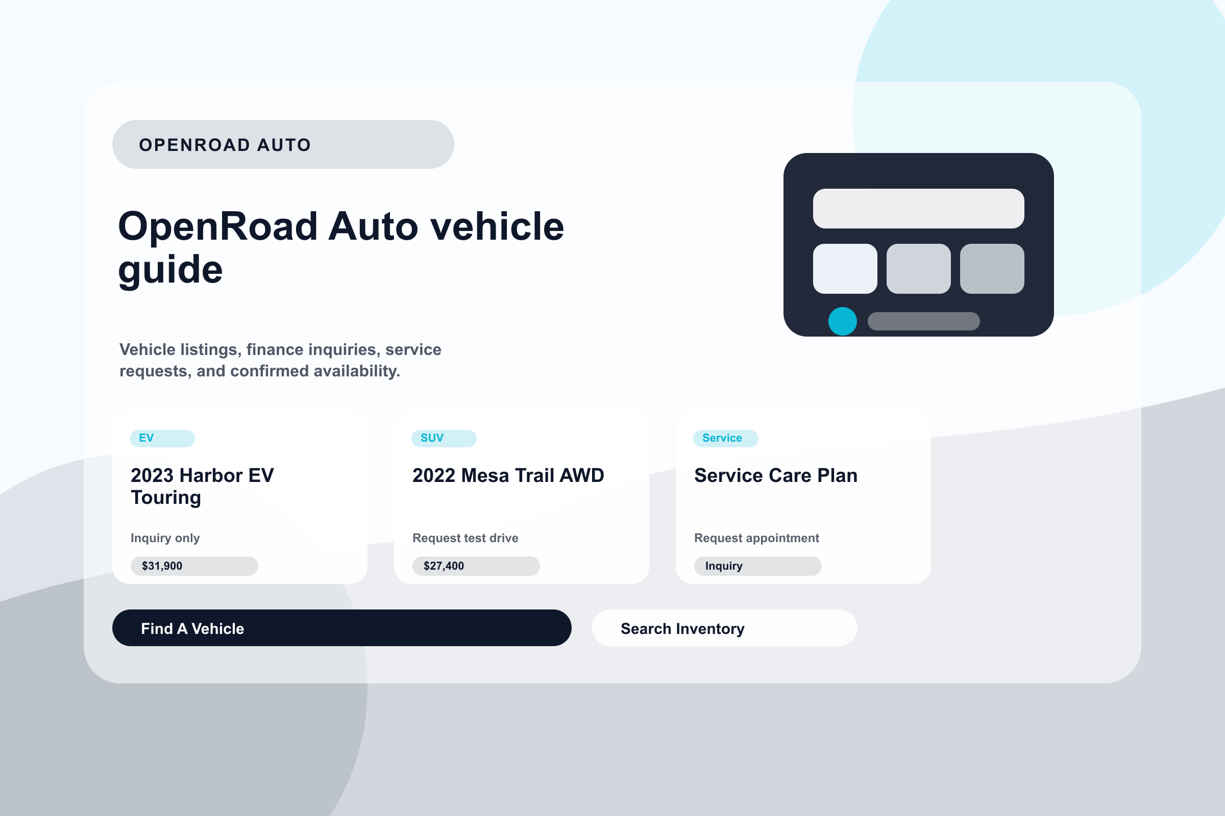 OpenRoad Auto inventory grid with vehicle cards and finance inquiry notes.