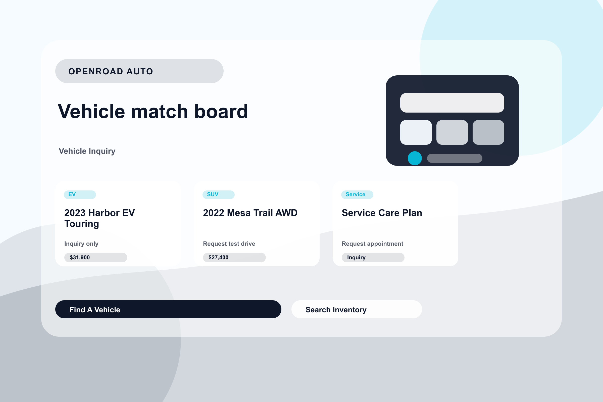 OpenRoad Auto vehicle discovery surface with service and availability notes.
