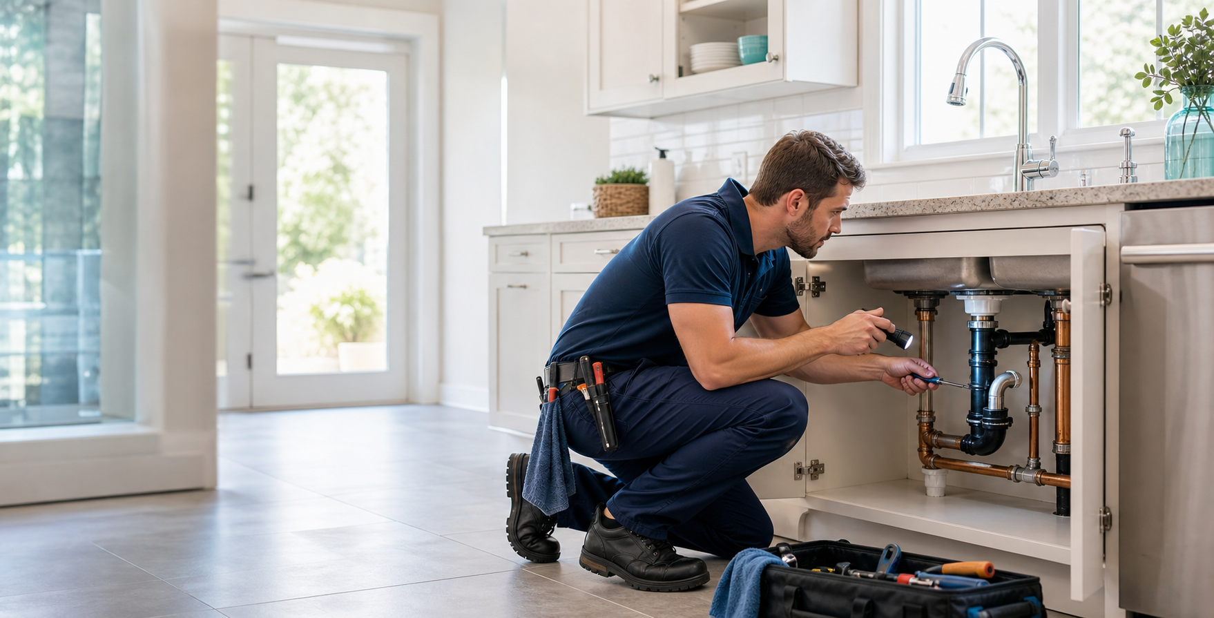 ClearLine Plumbing technician inspecting under-sink pipes in a bright modern kitchen.