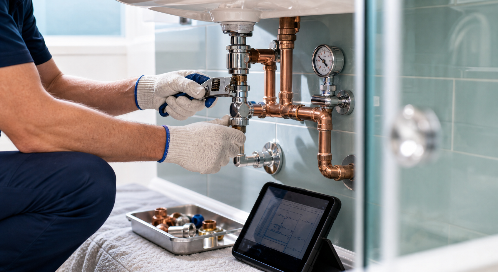 Close-up of a plumber installing a shutoff valve and checking copper piping.