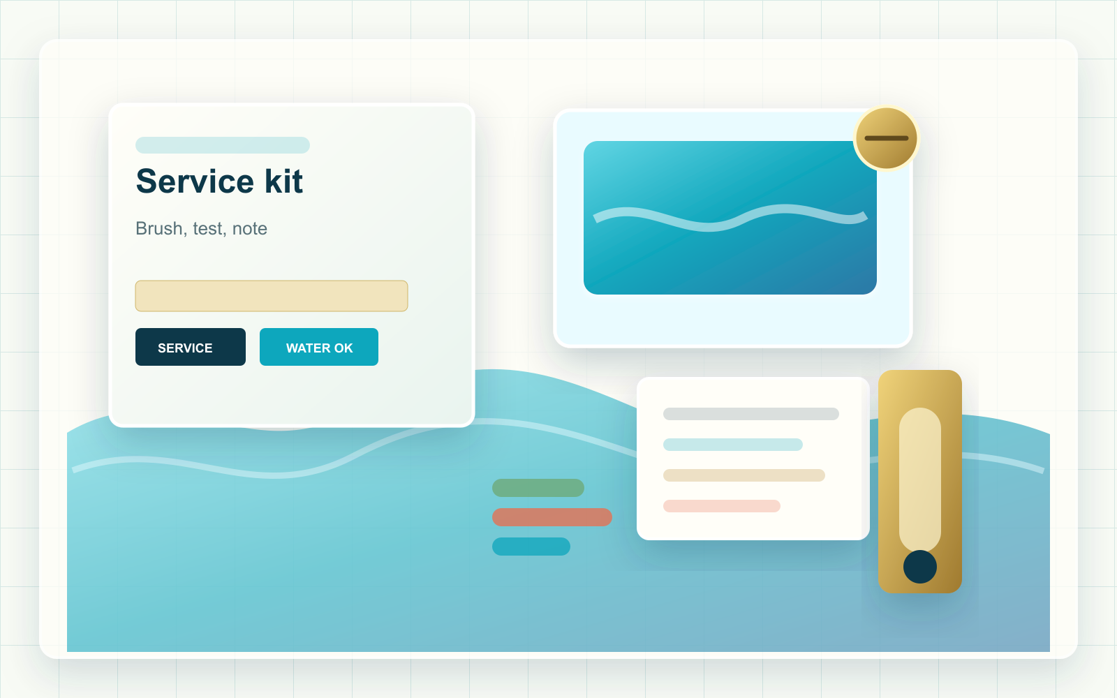 Pool service kit with brush, net, reagent bottles, and a textured clipboard.