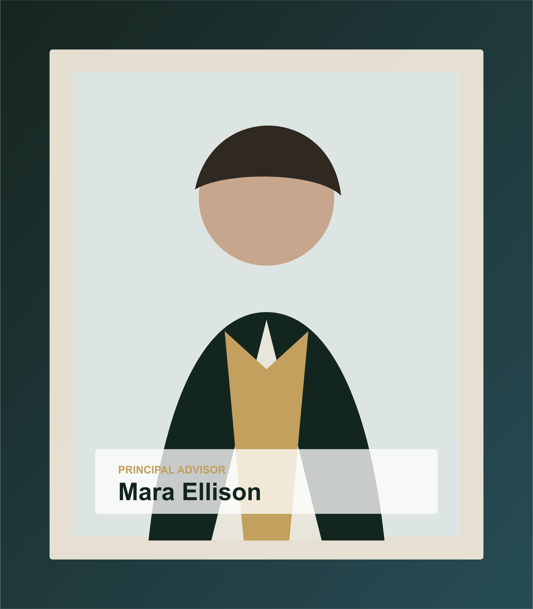 Editorial portrait illustration of a luxury real estate advisor in a tailored dark suit.