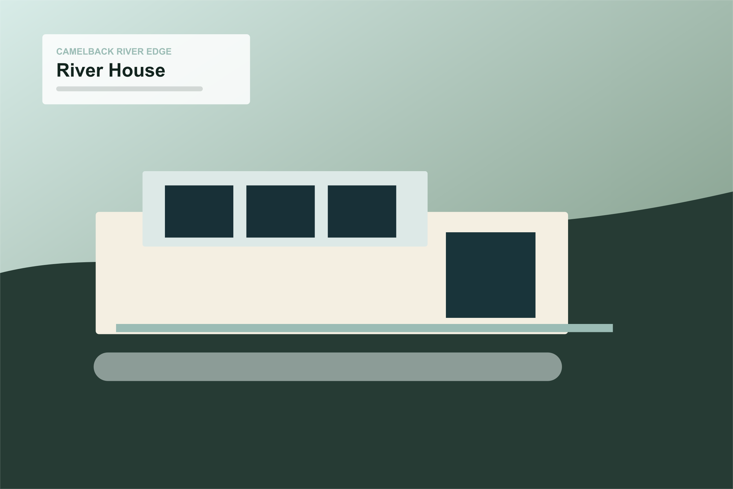 Contemporary riverfront house with glass volume, terrace, and reflecting water.