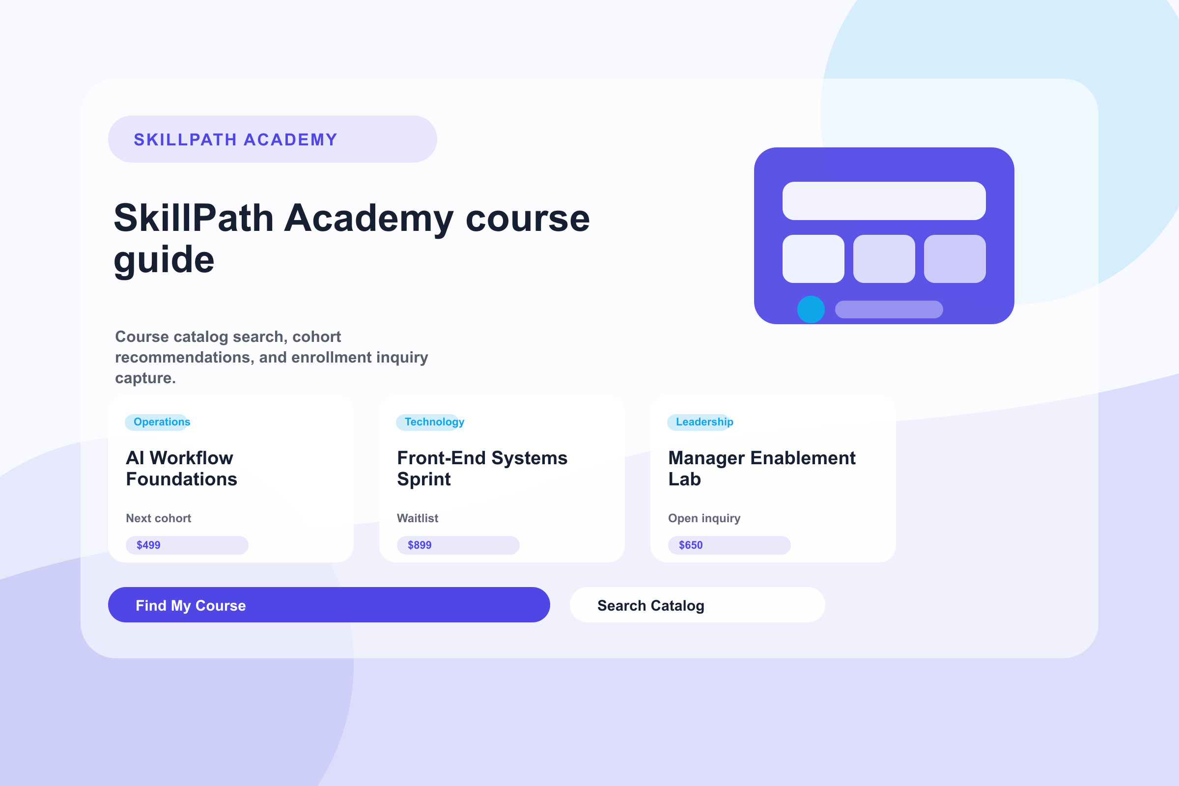 SkillPath Academy course catalog dashboard with cohort cards and recommendation notes.