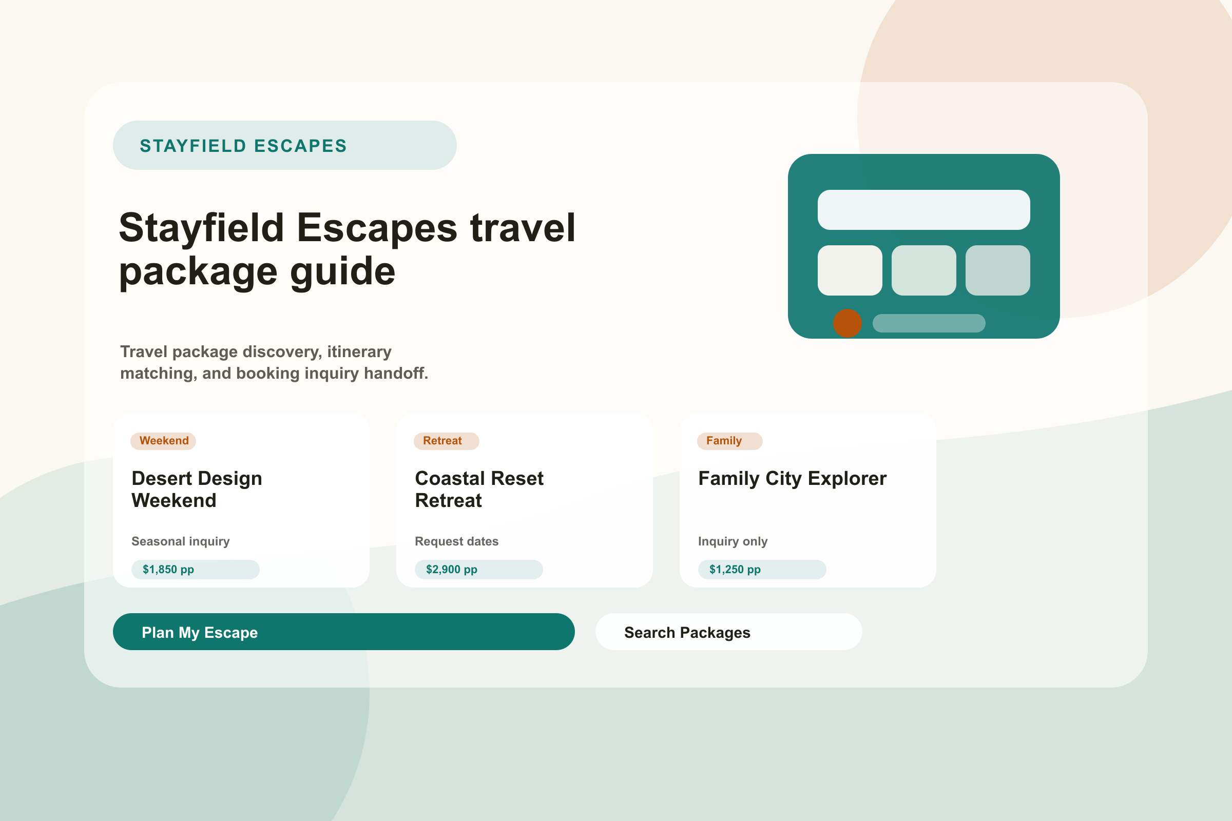 Stayfield Escapes itinerary table with package cards and booking inquiry notes.