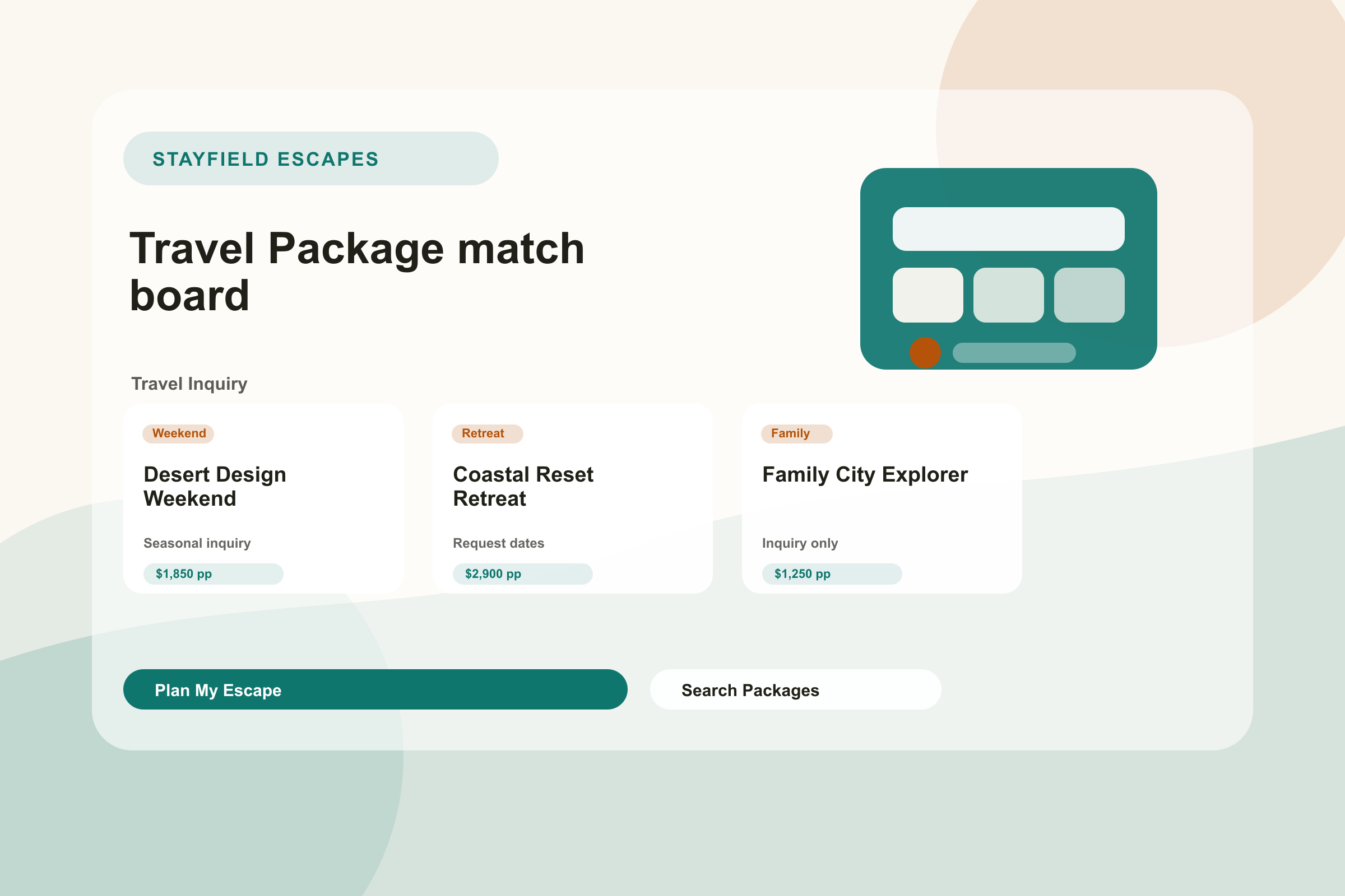 Stayfield Escapes travel discovery surface with availability and itinerary notes.