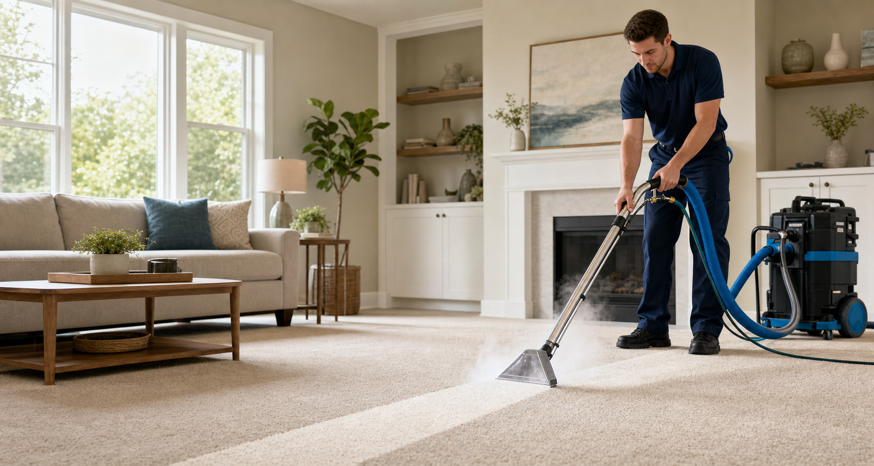 FreshFiber carpet cleaning technician working in a bright living room.